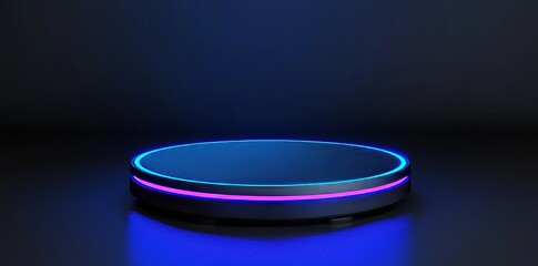 A modern, futuristic stage depicted in a 3D illustration, showcasing a tech hologram light podium or game portal with neon blue circles and beams, set against a black background with a sci-fi
