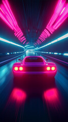 Speed and style collide as a sleek sports car races through a vibrant, neon lit tunnel, capturing the thrill of futuristic urban exploration.