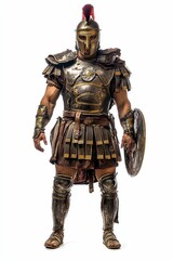 Ancient warrior, armored, shield, ready.