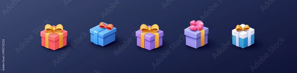 Poster a set of modern illustrations depicting cartoon game ui with closed wrapped gift boxes adorned with 