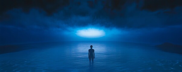 Eye-level perspective, minimalist underwater scene, vibrant aquatic colors, innovative bioluminescent lighting, serene atmosphere