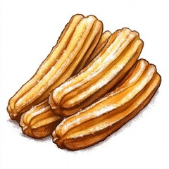 Golden churros dusted with sugar on a white background.