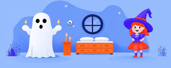 Fototapeta premium In a modern cartoon, a dark bedroom haunted by ghosts is illustrated with vintage furniture and a window, showcasing spooky shadows of a woman and a little girl on a mysterious Halloween night at a