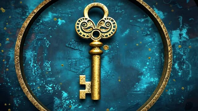 Vintage Golden Key on Textured Blue Background Symbol of Mystery, Discovery, and Elegant Design