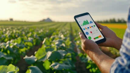 Farmer analyzing crop data with smartphone in agricultural field at sunset