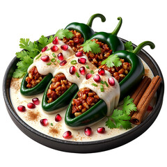 3D Mexican Food Chiles en nogada Isolated (PNG). 3D Chiles en nogada - Stuffed Poblano Peppers with Ground Meat, Fruits, and Spices. 3D Chiles en nogada Mexican Food Transparent PNG Images.
