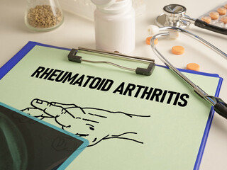 Rheumatoid arthritis is shown using a text and x-ray image
