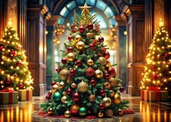 Elegant Christmas Tree Illustration: Festive Holiday Decorations, AI Generated Image