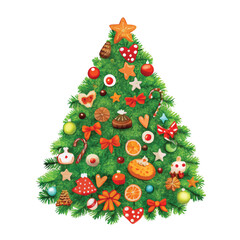 A Christmas tree with many ornaments on it. The tree is green and has a lot of decorations