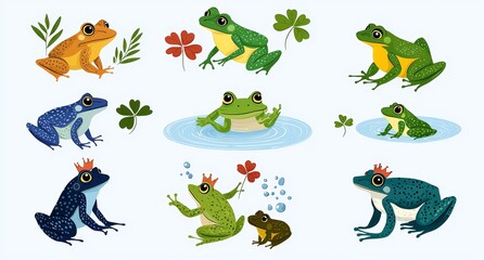 Obraz premium A charming frog cartoon mascot in various poses - a green pond toad leaping into water, wearing a crown, shielding its head with a leaf in the rain, sitting on grass and reeds, and catching an insect