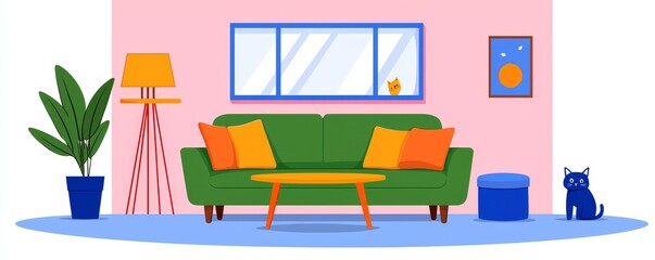 A modern cartoon illustration of a cozy living room interior, showcasing a modern apartment with cushions on a comfortable couch, books on a shelf, wooden frames on the wall, a hygge-style armchair,