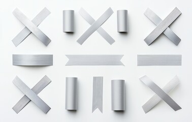 Obraz premium Textured silver adhesive tape strips. A realistic 3D modern illustration set of cut, glued sticky paper strips with grey metallic color and wrinkles. Plastic bandage patch mockup. Torn scotch