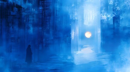 Naklejka premium A Solitary Figure in a Blue Cityscape at Dusk