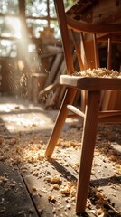 Cozy rustic wooden chair in sunlit interior of a charming cabin or cottage nestled in a peaceful forest landscape  Warm and inviting atmosphere with natural wood textures and natural lighting