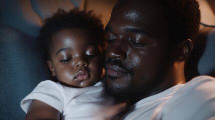 Obraz premium Close-up of a father cuddling his child on the couch, both watching a movie together.