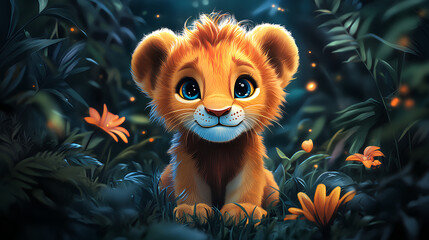 A cute, animated lion cub smiling amidst lush greenery and colorful flowers.