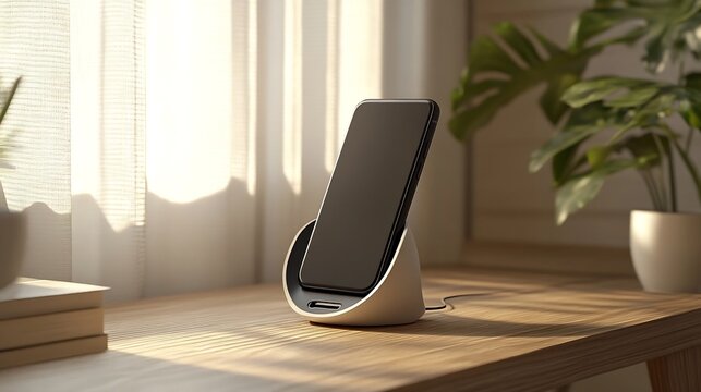 Fototapeta Modern minimalist workspace with smartphone device on wooden table