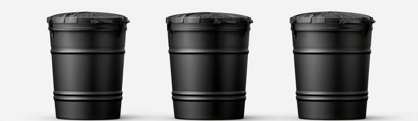 A contemporary 3D illustration of dark black metal oil barrels, both standing and lying, on a transparent background, intended for chemical liquids or fuel, presented as a mockup of a steel gasoline