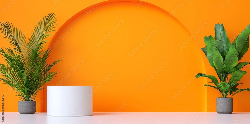 Aufkleber a modern geometric showcase with an orange 3d abstract arch podium for product display, complemented