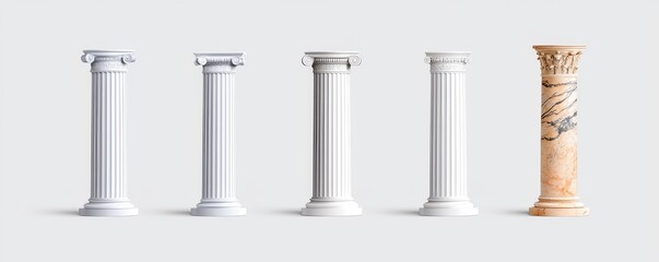 White antique pillars, isolated on a background. A modern, realistic 3D illustration of marble square columns, pedestals for product displays, ancient palace balustrade design elements, and museum