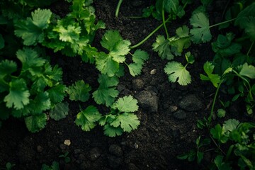 Obraz premium Cilantro plants captured growing from dark, rich soil under natural light, emphasizing the fertility and growth potential of plants in well-cultivated environments.