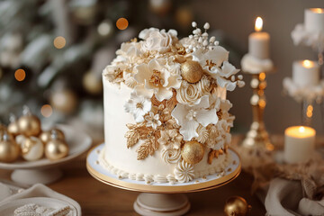 Fototapeta premium New Year's cake with delicate floral decorations, white and gold color scheme, luxurious and festive