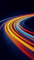 Light trails dance in vivid colors along a winding road, showcasing the energy of nighttime driving and the beauty of urban landscapes.