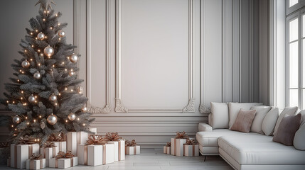 Aesthetic room interior design with Merry Christmas elements. Wall with New Year decoration in the apartment. Holiday tree in the room.