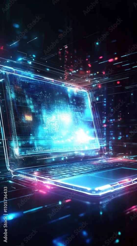 Poster modern laptop with glowing screen surrounded by data streams and digital effects, representing techn