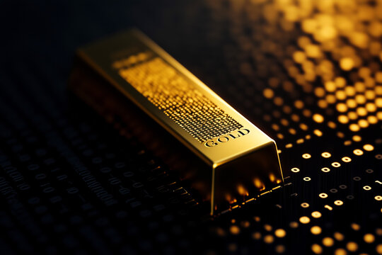 Gold bar with binary code engraved on it, cryptocurrency concept