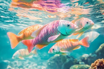 Naklejka premium A group of vividly colored fish swimming gracefully in clear tropical waters, highlighting the beauty and diversity of ocean life in a serene underwater environment.