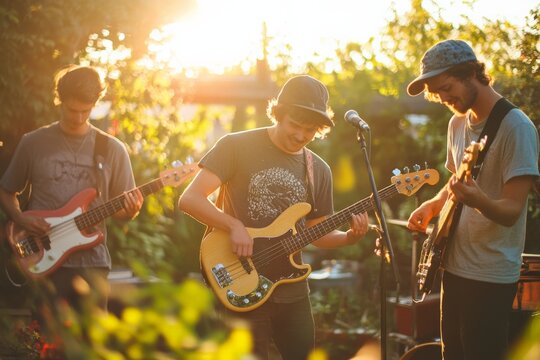 A lively band performing outdoors in a garden at sunset, featuring young musicians playing guitars, showcasing their passion and energy for music in a natural setting.