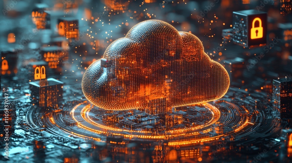 Poster computer cloud with a lock on it