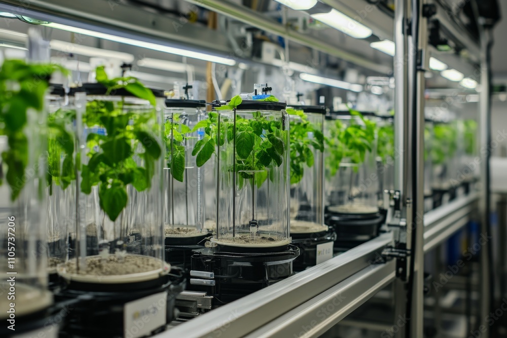 Poster this image displays a controlled laboratory environment where plants grow in transparent chambers, e