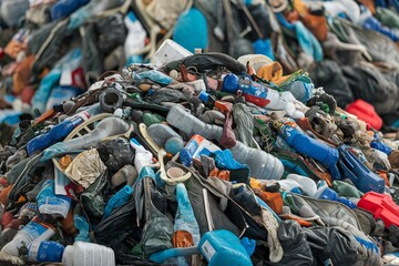 A large pile of assorted garbage  The trash includes plastic bottles, bags, containers, and other discarded materials.
