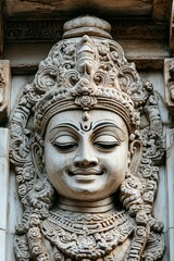 Ornate stone carving, serene deity, intricate crown.