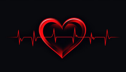 Red heart on a black background with a thin pulsating line of electrocardiogram. Symbolism of love and health