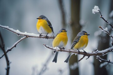 Pair of Blue Tits with Bright Yellow Breasts Sitting on a Tree Branch in Frosty Cold Weather