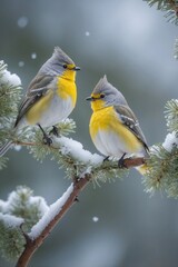 Pair of Blue Tits with Bright Yellow Breasts Sitting on a Tree Branch in Frosty Cold Weather