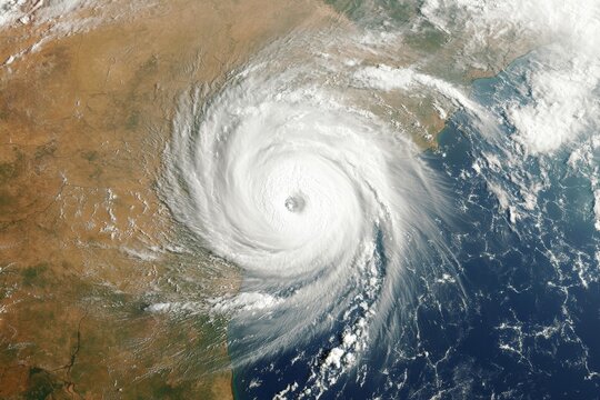A breathtaking satellite image captures the powerful cyclone swirling with intensity over the ocean, showcasing the natural forces at play and the dynamic weather phenomenon.