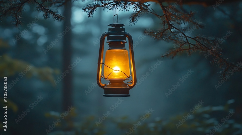 Poster glowing lantern hanging in misty forest setting with long shadows
