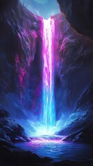 Stunning Fantasy Waterfall Surrounded by Lush Rocks and Vibrant Colorful Lights in a Dreamlike Underground Cave with Ethereal Glow