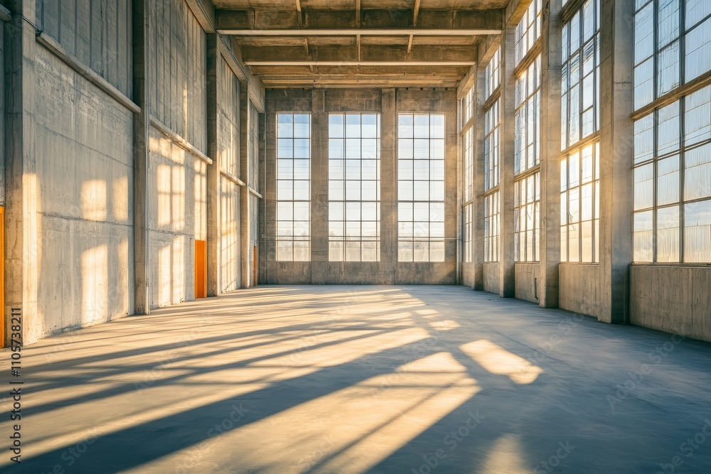Poster a striking industrial space featuring large windows allowing sunlight to pour in, casting long shado