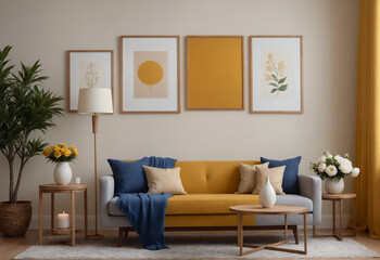 Fototapeta premium A modern living room with a yellow fabric sofa against a soft colour wall featuring vertical poster frames in wooden frame borders 3d illustration template mock-up design.