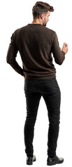 A back view of a man standing and wearing brown sweatshirt and black jeans, isolated over transparent background, PNG cut-out