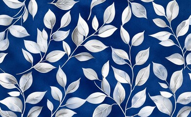 Fototapeta premium Featuring deep blues and violet hues along with detailed leaf designs, this floral pattern is ideal for textile prints and backgrounds.
