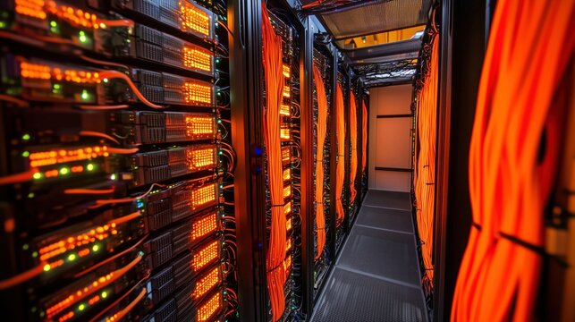 A secure server room with glowing lines representing data protection.