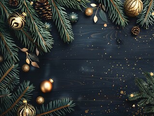 Christmas and New Year decorations on dark green background. Copy space, top view.