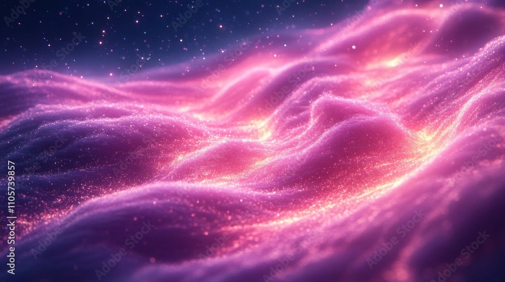 Poster cosmic aurora swirls with glowing magenta cores, dynamic particle effects, and smooth gradients