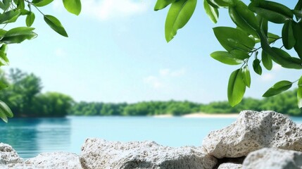 Naklejka premium Tranquil Lake Surrounded by Lush Greenery and Serene Atmosphere